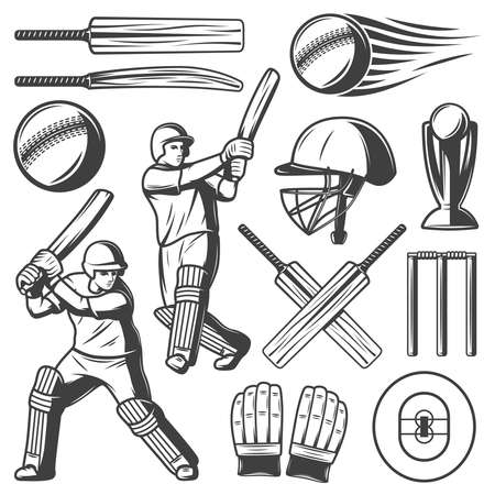 Vintage cricket elements collection with players wicket and sport equipment in hand drawn style isolated vector illustrationのイラスト素材
