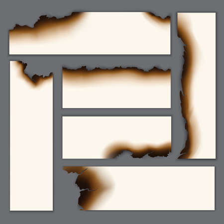 Realistic burnt blank paper sheets set with scorched damaged charred edges isolated vector illustrationのイラスト素材