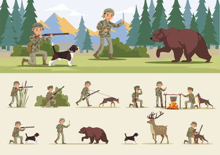 Colorful hunting concept with wild animals dogs and hunters in different situations vector illustrationのイラスト素材