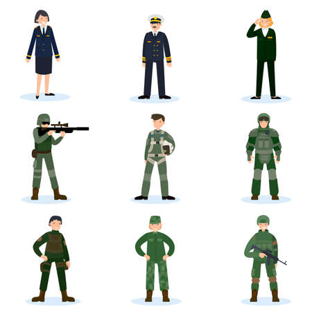 Army soldiers set with military command and men in different camouflage uniform isolated vector illustrationのイラスト素材