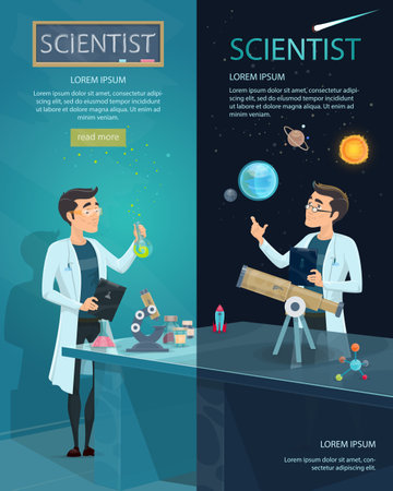 Scientific vertical banners with scientist in laboratory and astronomer studying space and stars vector illustrationのイラスト素材