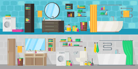 Bathroom equipment horizontal banners with furniture and hygiene tools for modern interior design project vector illustrationのイラスト素材