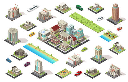 Isometric city constructor elements set with buildings cars garden camping cottages children playground isolated vector illustrationのイラスト素材
