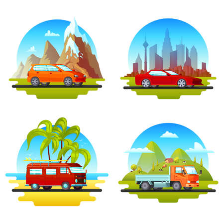 Colorful cars set of different construction on mouintain city desert and farm landscapes isolated vector illustrationのイラスト素材