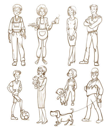 People group set of different ages and with various occupations in sketch style isolated vector illustrationのイラスト素材