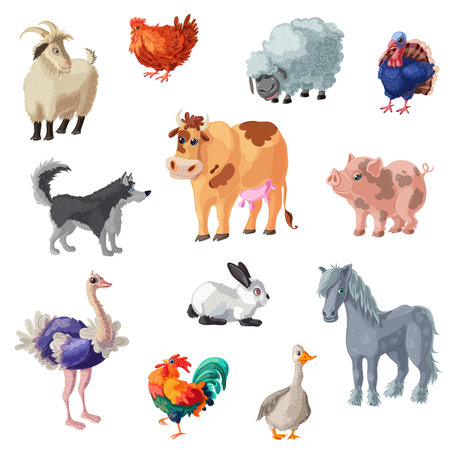 Set of twelve isolated decorative icons with colorful cartoon style farm animals images on blank background vector illustrationのイラスト素材