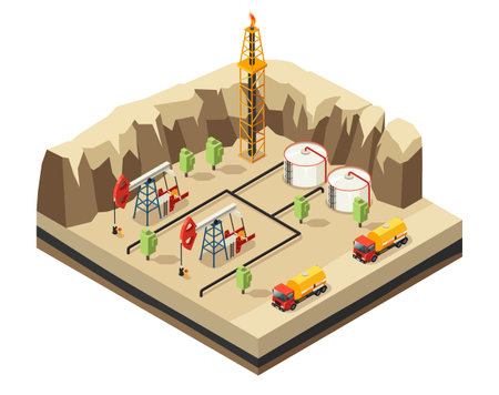 Isometric oil industry template with drilling rigs resource storage derrick trucks for transportation in desert isolated vector illustrationのイラスト素材