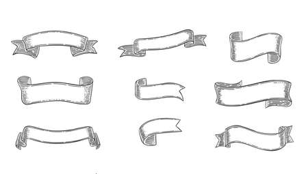 Engraving elegant ribbons set of different shapes and forms on white background isolated vector illustrationのイラスト素材