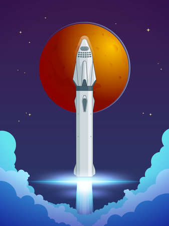 Colorful cartoon rocket launch concept with flame and clouds on Mars planet background vector illustrationのイラスト素材