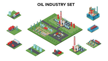 Isometric petroleum industry concept with oil plant platform refinery drilling rigs transport gas station barrels industrial equipment isolated vector illustrationのイラスト素材