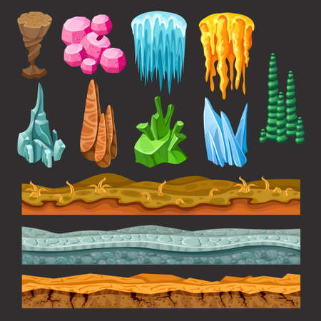 Colorful game landscape elements set with rocks crystals ice bush trees and different surfaces isolated vector illustrationのイラスト素材