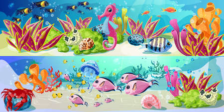 Cartoon bright marine life horizontal banners with fishes seahorse crab jellyfish shell natural seaweeds corals plants vector illustrationのイラスト素材