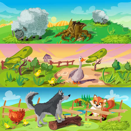 Cartoon animals three horizontal banners set with sheeps in field fowl and dog defending chicken from fox vector illustrationのイラスト素材