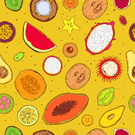 Colored sketch exotic products seamless pattern with natural tropical fruits on yellow background vector illustrationのイラスト素材