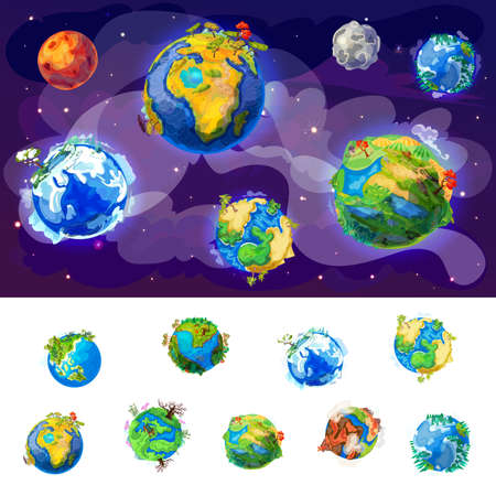 Cartoon Earth globes concept with different nature landscapes Mars and moon on space background vector illustrationのイラスト素材