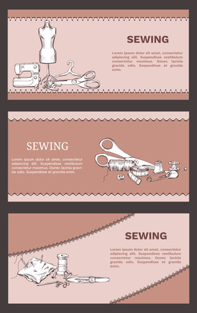 Hand drawn tailoring horizontal banners with sewing accessories tools and equipment vector illustrationのイラスト素材