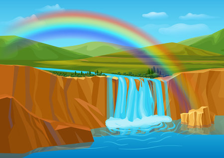 Cartoon spring nature landscape template with waterfall mountains river hills green trees water rocks rainbow vector illustrationのイラスト素材
