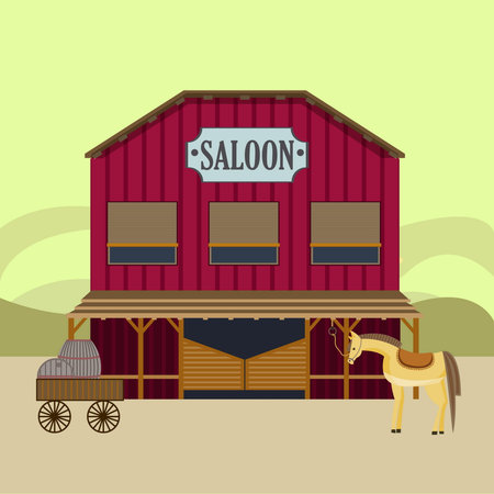 Flat wild west landscape template with saloon building horse waggon wooden barrels vector illustrationのイラスト素材