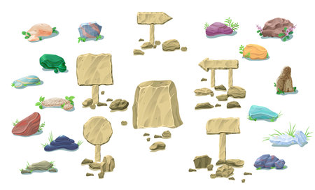Cartoon natural stones collection with colorful beautiful rocks blank signboards pointers and plants isolated vector illustrationのイラスト素材