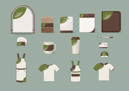 Cafe corporate identity elements set with signboard package menu serving tray cups pen business card clothes isolated vector illustrationのイラスト素材