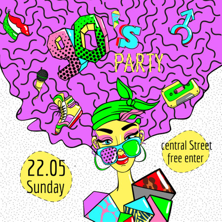 Colorful comic 90s style girl poster with purple bright hair mouth microphone sneaker cassette male sign patches vector illustrationのイラスト素材