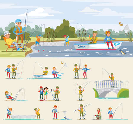 Fishing activity concept with fishermen catch fish using rod net spinning boat on lake vector illustrationのイラスト素材