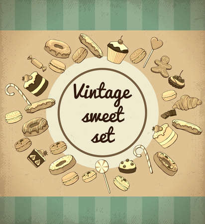 Vintage sweet products and desserts template with donuts candies lollipops macaroons croissant cookie cake muffin chocolate bars vector illustrationのイラスト素材
