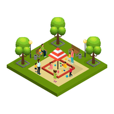 Isometric nannies and children concept with women looking after kids playing in sandbox vector illustrationのイラスト素材