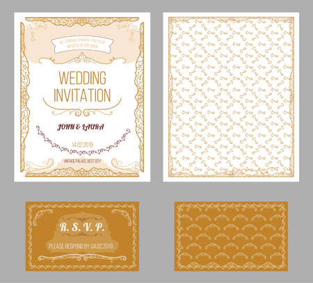 Vintage wedding invitation cards set with text and elegant beautiful ornament and decoration isolated vector illustrationのイラスト素材