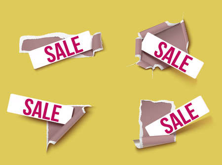 Ragged brown paper set with Sale inscription on rectangular frames on light background isolated vector illustrationのイラスト素材