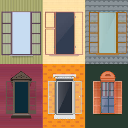 Colorful decorative opened windows set of different shapes and construction in flat style isolated vector illustrationのイラスト素材