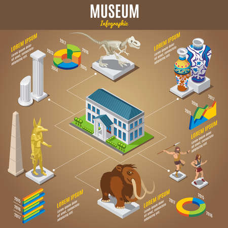 Isometric museum infographic template with building columns pharaoh ancient vases dinosaur skeleton primitive men mammoth exhibits isolated vector illustrationのイラスト素材