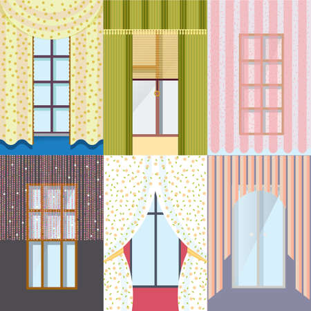 Colorful classic windows collection with different types of curtains in flat style vector illustrationのイラスト素材