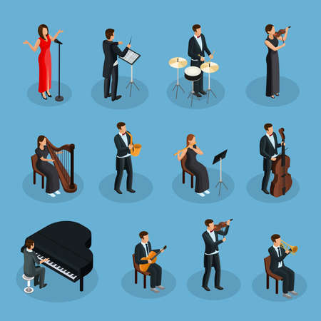 Isometric people in orchestra collection with conductor singer and musicians playing different musical instruments isolated vector illustrationのイラスト素材