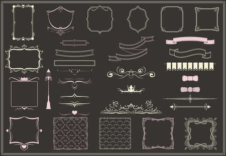 Vintage empty decorative elements collection with borders bow ties ornamental swirls ribbons ornate frames isolated vector illustrationのイラスト素材