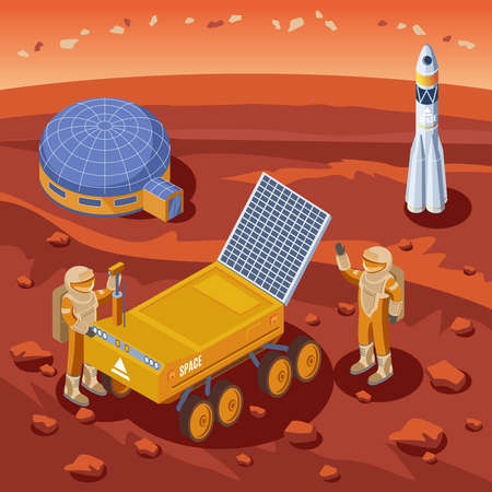 Isometric Mars exploration template with astronauts moon rover colony and rocket on planet landscape vector illustrationのイラスト素材