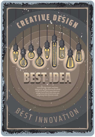 Vintage colored light bulbs poster with inscriptions and hanging fluorescent lightbulbs of different shapes vector illustrationのイラスト素材