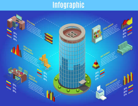 Isometric office interior infographic template with business center furniture desks tables chairs bookshelf equipment graphs isolated vector illustrationのイラスト素材