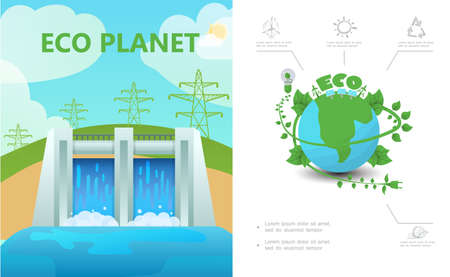 Flat ecology composition with hydroelectric station high voltage power lines eco planet lightbulb sun recycle sign vector illustrationのイラスト素材