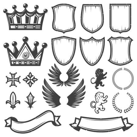 Vintage monochrome heraldic elements collection with crowns shields wings lions ribbons laurel wreaths swords crest isolated vector illustrationのイラスト素材