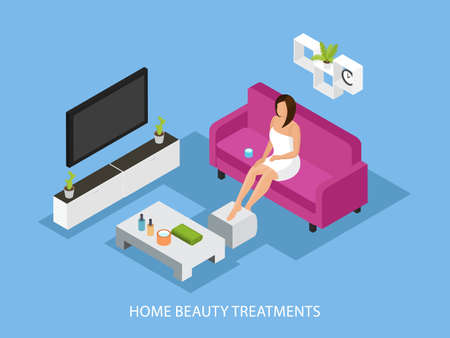 Isometric home skincare procedure concept with woman in towel sitting on sofa and spread cream on her legs vector illustrationのイラスト素材