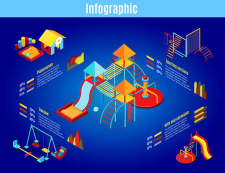 Isometric kids playground infographic template with carousels swings slides sandbox sport sections diagrams graphs isolated vector illustrationのイラスト素材