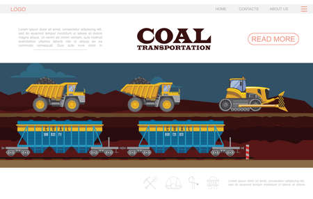 Flat coal transportation landing page template with bulldozer dump trucks and wagons vector illustrationのイラスト素材