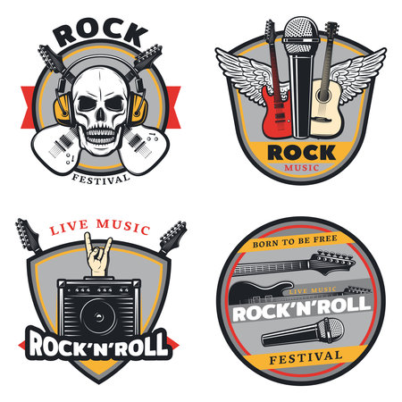 Vintage colored rock music emblems set with crossed guitars skull headphones wings microphones amplifier isolated vector illustrationのイラスト素材