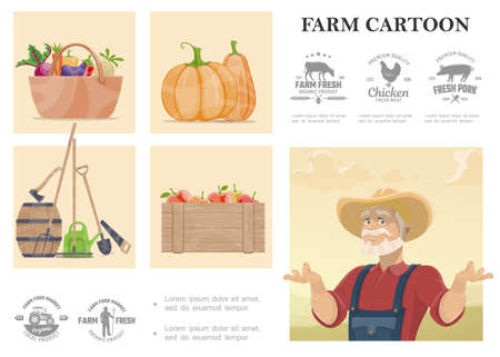 Cartoon farming and agriculture composition with farmer manual labor tools vegetables apples and farm monochrome design emblems vector illustrationのイラスト素材