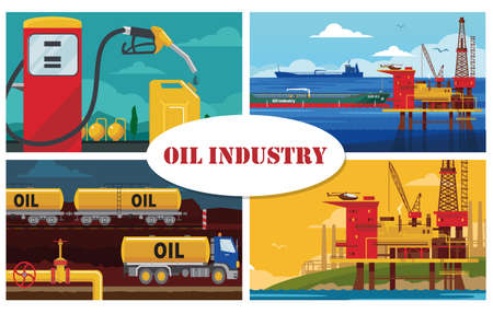 Flat oil industry concept with water drilling rig platform tanker ship gas station canister fuel pump pipeline truck railroad gasoline tanks vector illustrationのイラスト素材