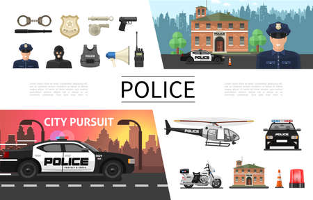 Flat police elements concept with policeman criminal sheriff badge gun helmet loudspeaker handcuffs helicopter car motorcycle siren radio set vector illustrationのイラスト素材