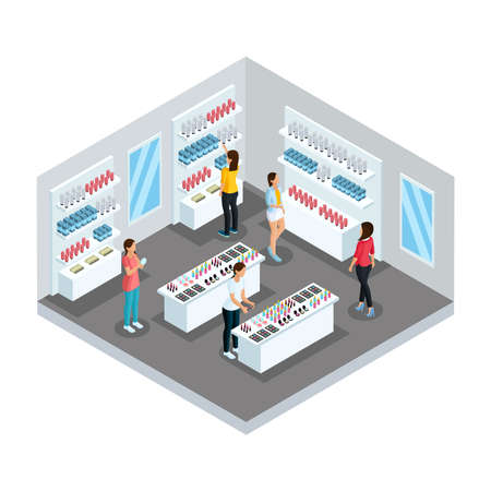 Isometric cosmetic store template with female customers and makeup products on shelves vector illustrationのイラスト素材