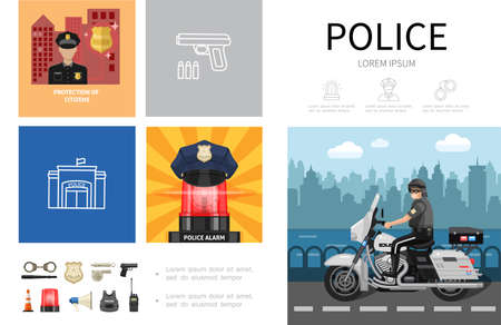 Flat police infographic concept with policeman riding motorcycle hat on siren handcuffs baton sheriff badge handgun megaphone helmet radio set icons vector illustrationのイラスト素材