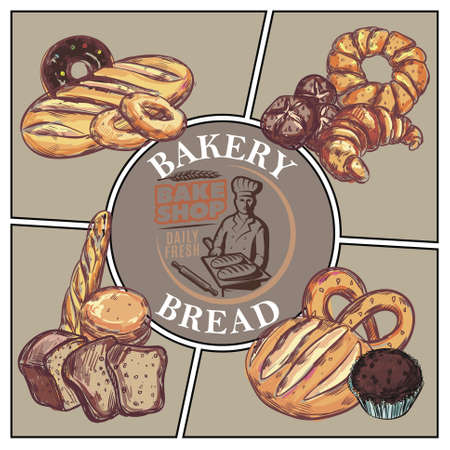 Sketch bakery products concept with bread french baguette croissant bagel donut muffin pretzel and bake shop emblem vector illustrationのイラスト素材